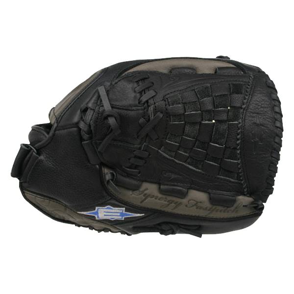 Side view of a black Easton Synergy Fastpitch Series glove with woven palm and Synergy Fastpitch text.