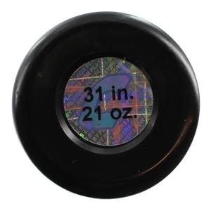 End view of a black softball bat with a holographic sticker showing 31 in. 21 oz.