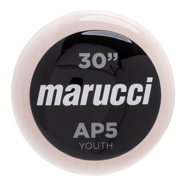 End view of a light wood baseball bat with a black circular logo showing marucci, 30, AP5, and YOUTH.