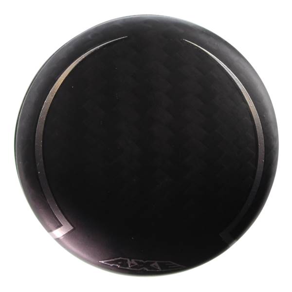 Top-down view of a black baseball bat end with carbon fiber texture and silver Axe logo.