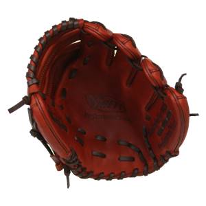 Top-down view of a red baseball glove with dark brown lacing and Brett Professional Series text.