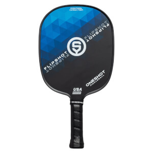Front view of a black pickleball paddle with blue geometric design, FLIPSHOT text, and USA PICKLEBALL APPROVED label.