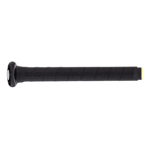 Side view of a black baseball bat with a perforated grip and yellow end cap.