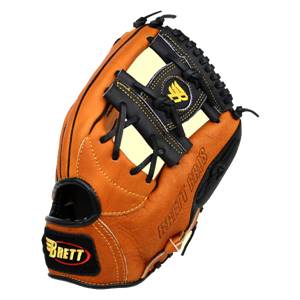 Top-down view of a brown baseball glove with black lacing, a yellow padded insert, and BRETT BROS text.