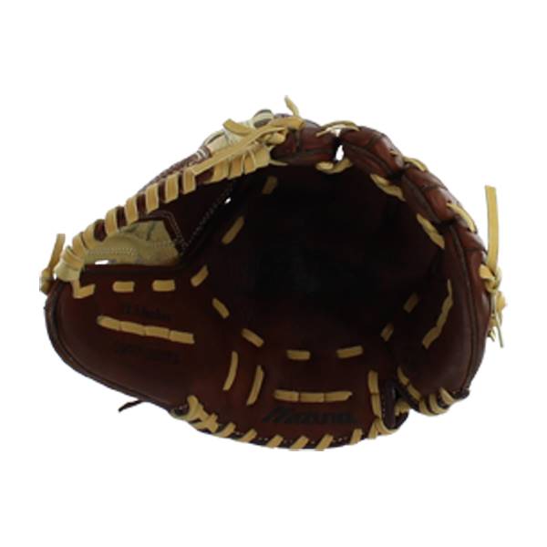 Top-down view of a brown fastpitch glove with tan lacing and visible Mizuno branding.