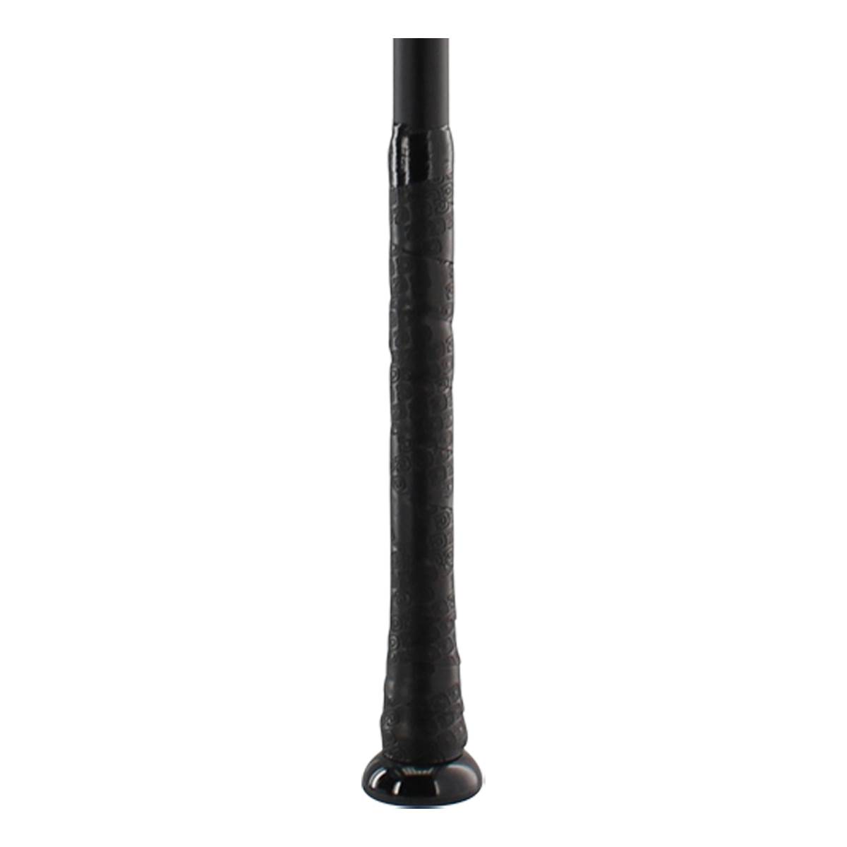 Close-up of a black baseball bat grip with embossed pattern and a black end cap.