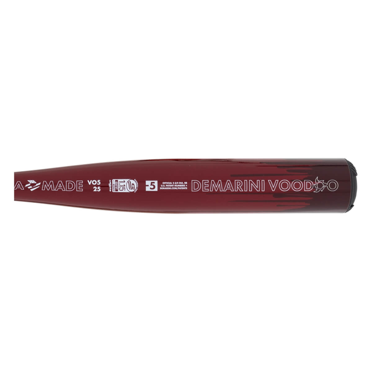 Close-up profile of the maroon barrel displaying "DEMARINI VOODOO," "-5," and "MADE" text next to a USSSA certification stamp and black dripping graphics.