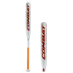 Side view of a white softball bat with orange COMBAT lettering and an orange grip.