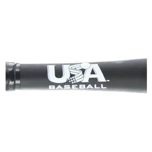 Close-up of a black baseball bat with white USA Baseball branding.