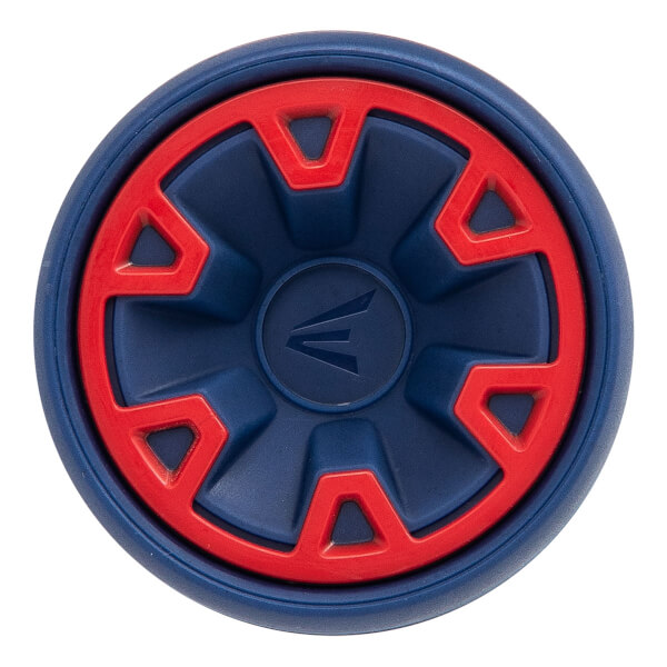 Top-down view of a blue bat end cap with a red geometric pattern and a recessed Easton logo.