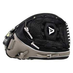 Side view of a black and tan baseball glove with white lacing and an A logo.