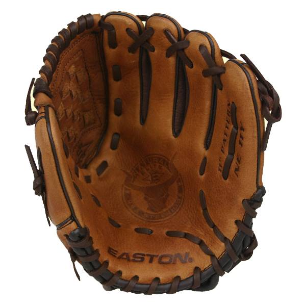 Top-down view of a brown Easton youth baseball glove with EASTON logo and NE11Y text.