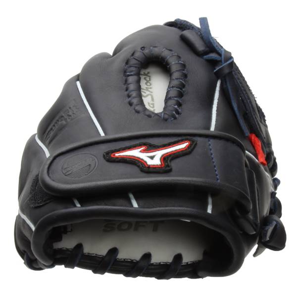 Front view of a navy Mizuno glove with a red and white logo and SOFT text.