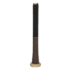 Close-up of a black baseball bat handle with gold striped grip and gold end cap.