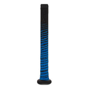 Close-up of a black baseball bat handle with blue spiral grip and black end cap.