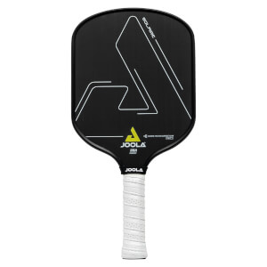 Front view of a black JOOLA Solaire CFS pickleball paddle with white graphic accents and a white grip.