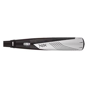 Side view of a black and white baseball bat with NOX text and diagonal line graphics.