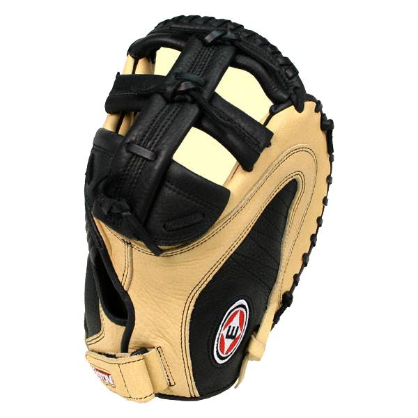 Side view of a tan and black fastpitch catchers mitt with a woven web and Easton logo.