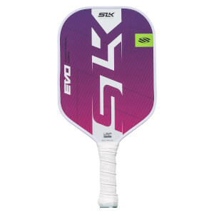 Front view of a purple and white pickleball paddle with large white SLK logo and EVO CONTROL MAX text.