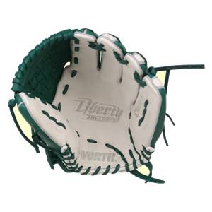 Interior view of a green and white baseball glove with Liberty Advanced and WORTH. branding.
