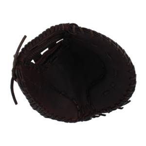 Top-down view of a dark brown baseball glove with a deep pocket and stitched lacing.