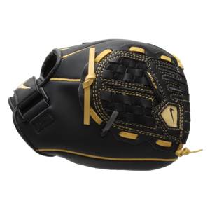 Side view of a black youth baseball glove with gold stitching and a Nike swoosh logo.