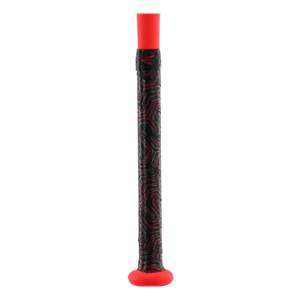 Close-up of a red and black baseball bat grip with a geometric pattern and red end cap.