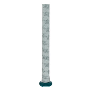 Close-up of a light gray baseball bat grip with repeating Marucci text and a teal knob.