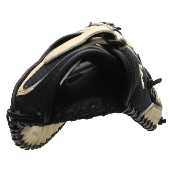 Side view of a black and tan first base mitt with a mesh back and leather lacing.