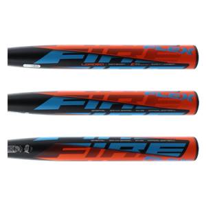 Side view of a black and orange softball bat with blue FIRE FLEX lettering and LOADED text.