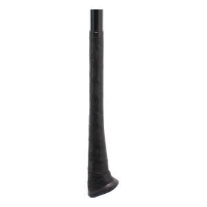 Close-up of a black baseball bat grip with a spiral texture.