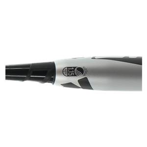Close-up of a silver baseball bat with black grip, USSSA 1.15 BPF logo, and black accents.
