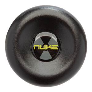 Top-down view of a black baseball bat end cap with a yellow NUKE logo and radiation symbol.