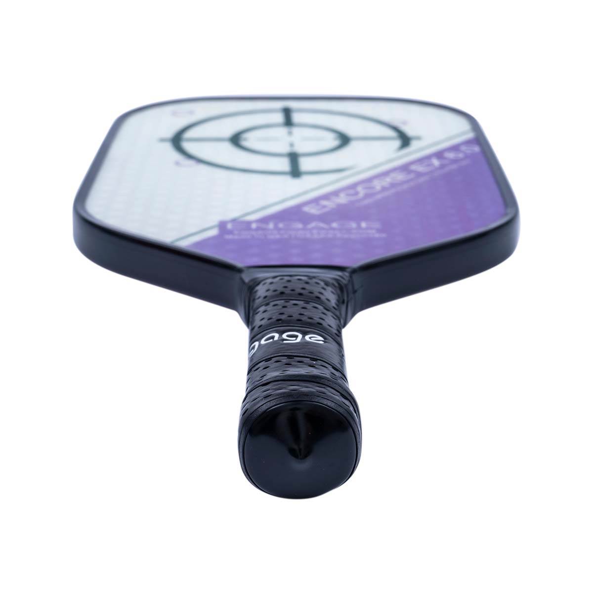 Top-down view of a black pickleball paddle with a purple diagonal stripe, target graphic, and Engage text on the grip.
