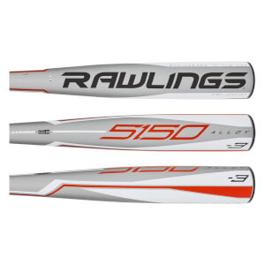 Side view of a silver baseball bat with red Rawlings and 5150 Alloy branding.