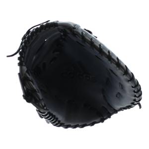 Top-down view of a black Adidas first base mitt with visible Adidas branding and stitched lacing.