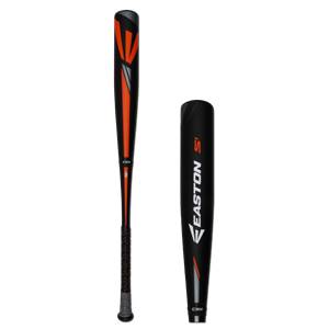 Side view of a black baseball bat with orange accents and EASTON S1 branding.