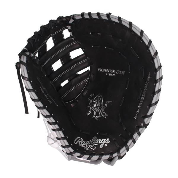 Top-down view of a black and white Rawlings Heart of the Hide 13 first base mitt with PRO GRADE and Rawlings logos.