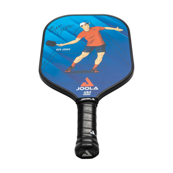 Front view of a blue pickleball paddle with a graphic of Ben Johns, JOOLA USA logo, and black grip.