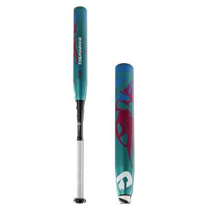 Side view of a teal softball bat with DeMarini text and a stylized graphic.