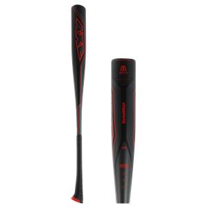 Side view of a black baseball bat with red AXE branding and HYPERWHIP text.