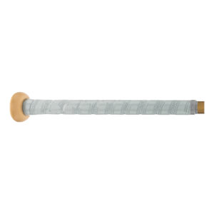 Side view of a tan and gray fastpitch softball bat with a textured grip.
