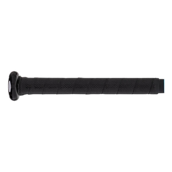 Side view of a black baseball bat with a textured grip and a rounded end cap.