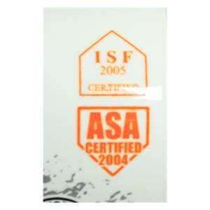 Close-up of white bat with orange ISF 2005 CERTIFIED and ASA CERTIFIED 2004 logos.