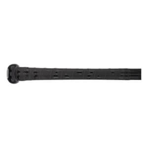 Side view of a black bat handle with a spiral-wrapped, textured grip and a rounded knob.