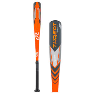 Side view of an orange and gray baseball bat with THREAT and -12 text.