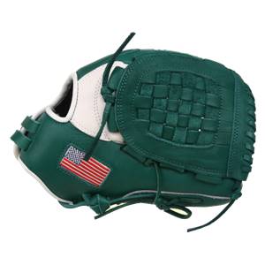 Side view of a green baseball glove with a woven palm and an American flag patch.