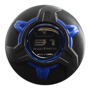 Top-down view of a black baseball bat with blue accents, showing 31 inches and Made in China.