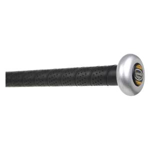 Side view of a silver fastpitch softball bat with a black perforated grip and Louisville Slugger branding.