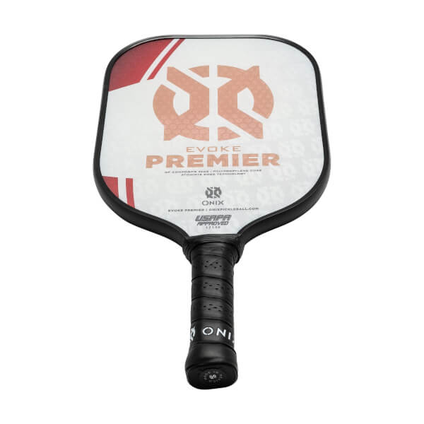 Front view of a white and red pickleball paddle with EVOKE PREMIER text and a black grip.
